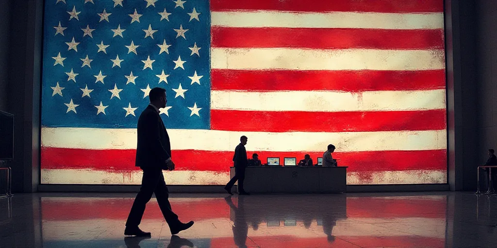 a man walks past a stock market with an american flag on the floor of the stock exchange in new york