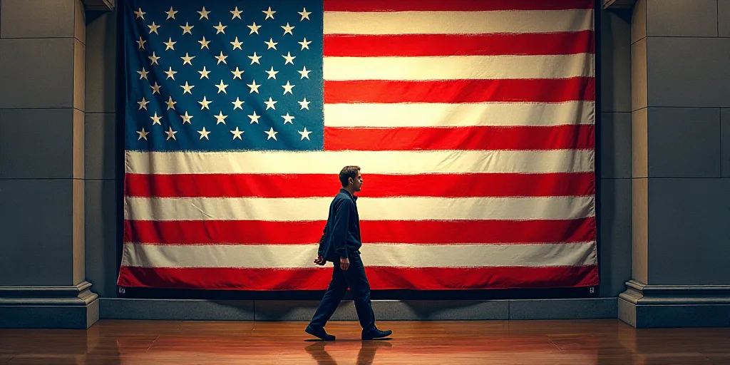 a man walks past a stock market with an american flag on the floor of the stock exchange in new york