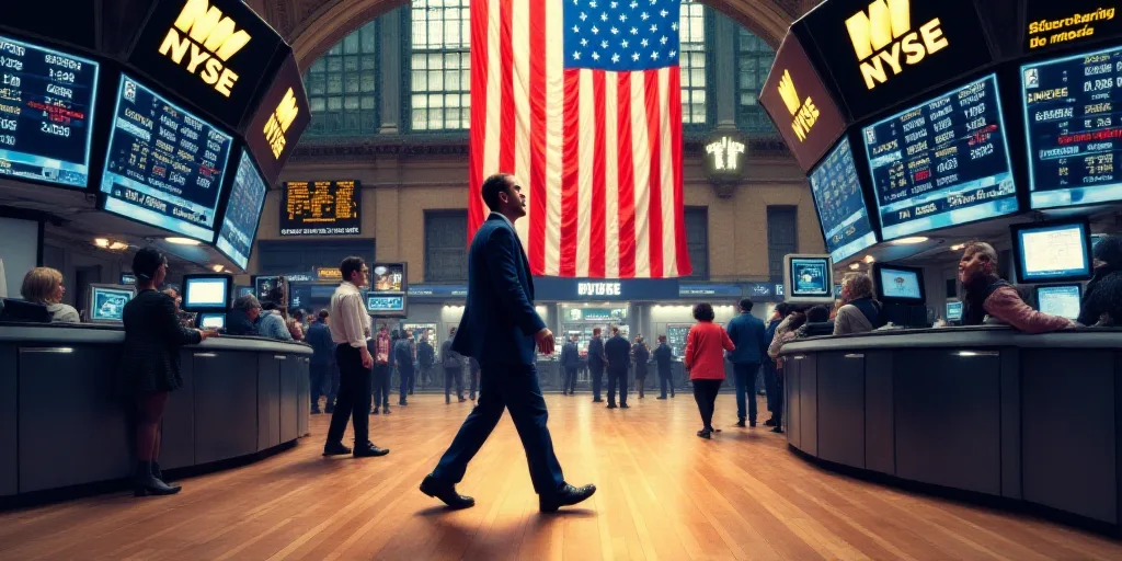 a man walks past a stock market with an american flag on the floor of the stock exchange in new york