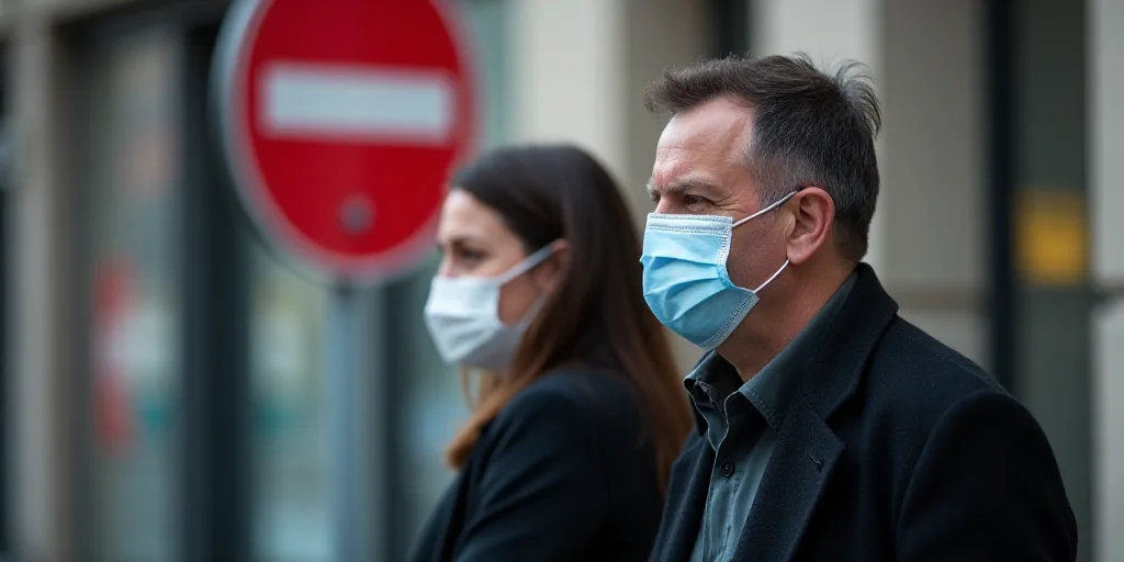 a man wearing a face mask walks past a dow sign with a red arrow on it and a woman in a black jacket