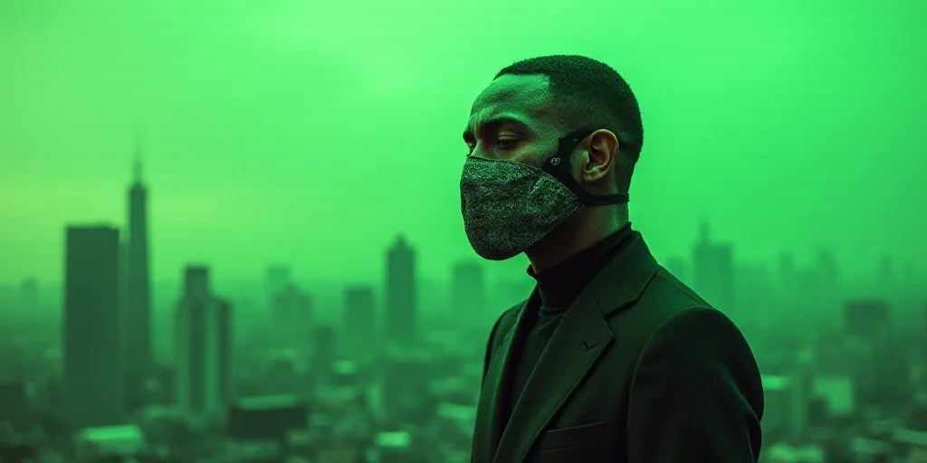 a man wearing a face mask while standing in front of a city skyline with a green background and a gr