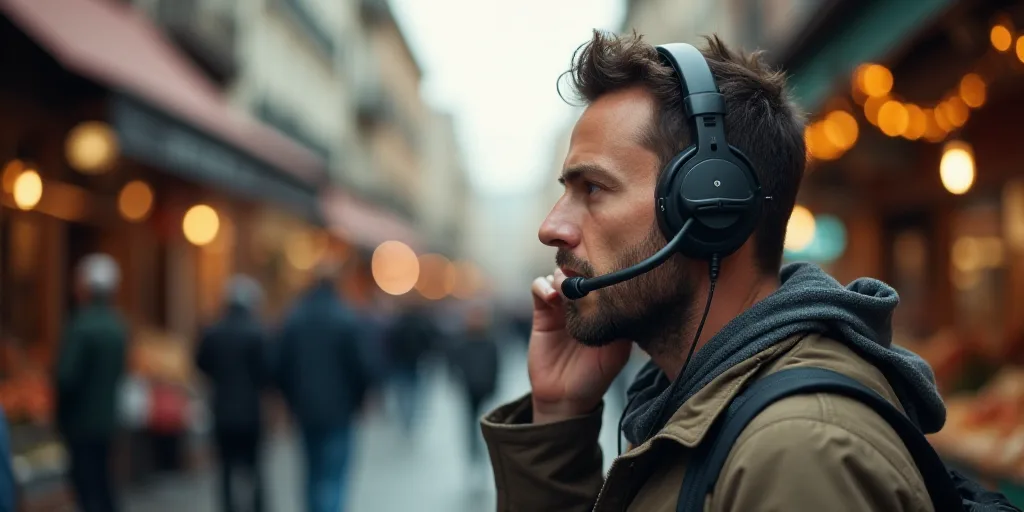 a man wearing a headset talking on a phone in a busy market place with other people in the backgroun