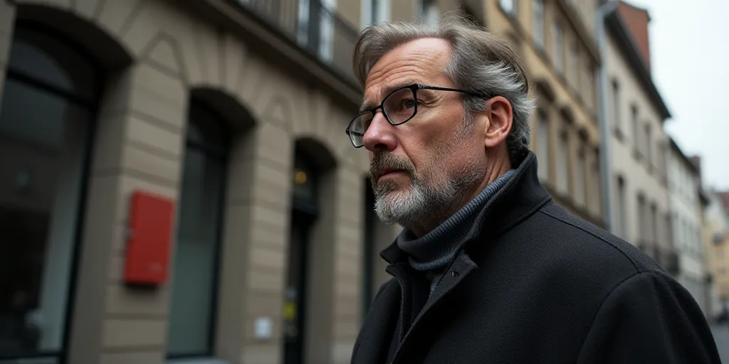 a man wearing glasses and a coat looks off into the distance while standing in front of a building w
