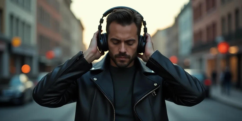 a man wearing headphones and a leather jacket is standing in the street with his hands on his ears,