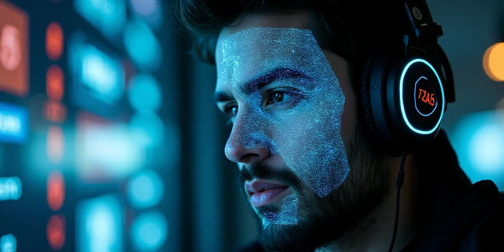 a man wearing headphones and a pair of headphones on his face with a picture of a man in the backgro