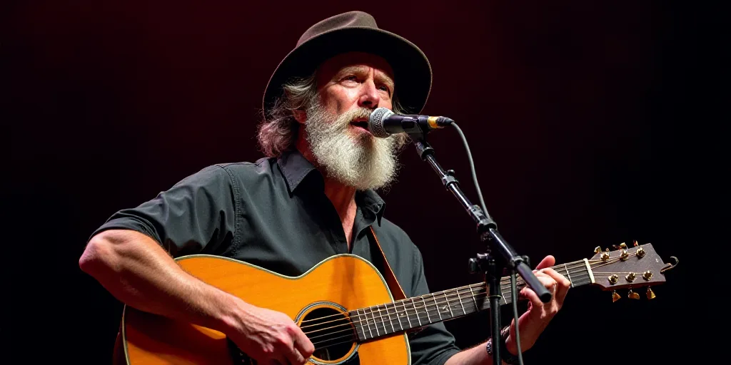 a man with a beard and a hat playing a guitar on stage with a microphone and a microphone stand, Bre