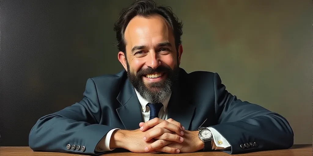 a man with a beard and a tie is smiling for the camera with his hands folded in front of him, Edward