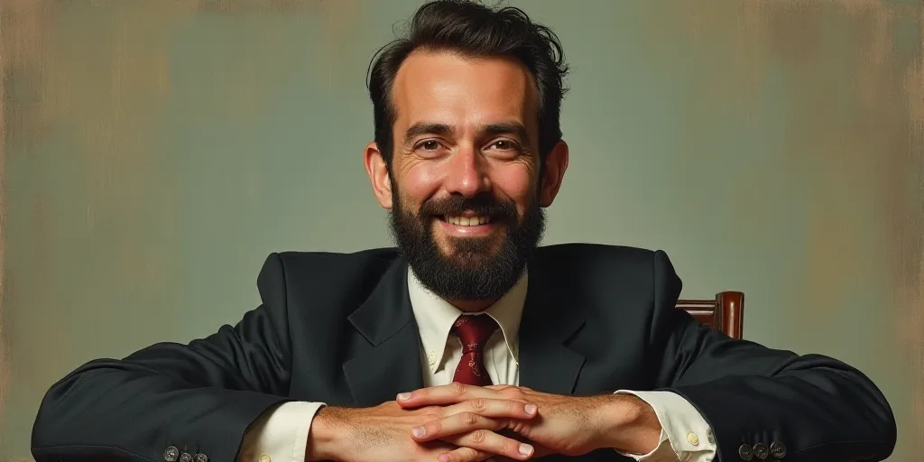 a man with a beard and a tie is smiling for the camera with his hands folded in front of him, Edward