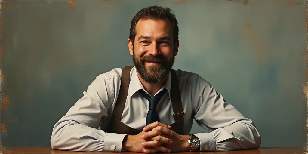 a man with a beard and a tie is smiling for the camera with his hands folded in front of him, Edward
