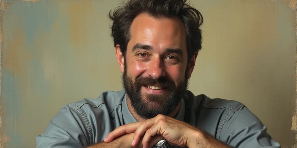 a man with a beard and a tie is smiling for the camera with his hands folded in front of him, Edward