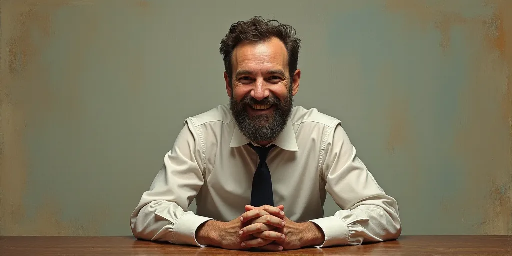 a man with a beard and a tie is smiling for the camera with his hands folded in front of him, Edward