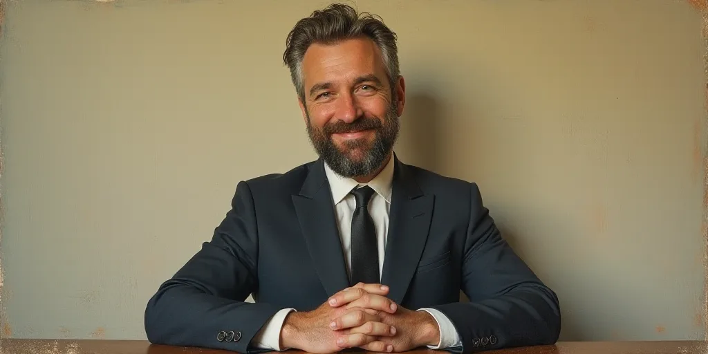 a man with a beard and a tie is smiling for the camera with his hands folded in front of him, Edward