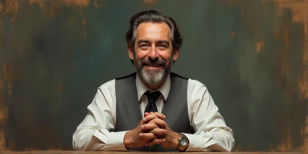 a man with a beard and a tie is smiling for the camera with his hands folded in front of him, Edward