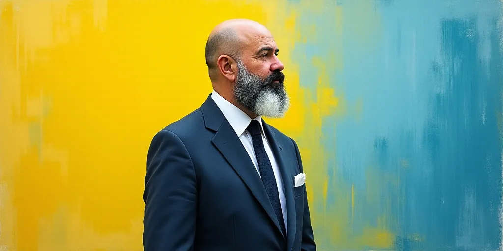 a man with a beard and a white beard wearing a suit and tie looking off to the side with a yellow an