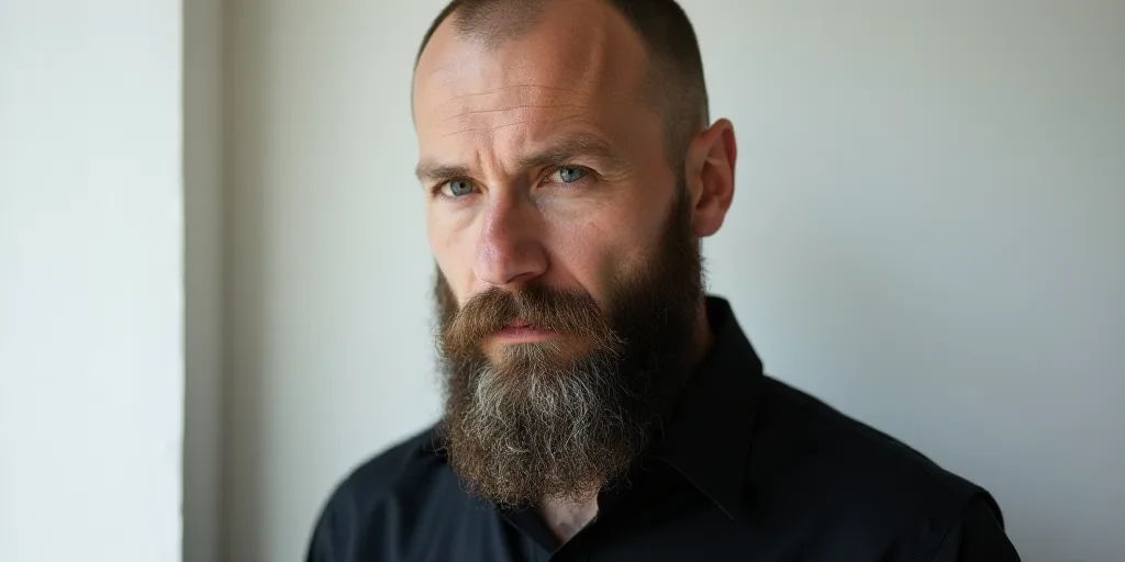 a man with a beard and black shirt looking at the camera with a serious look on his face and a white