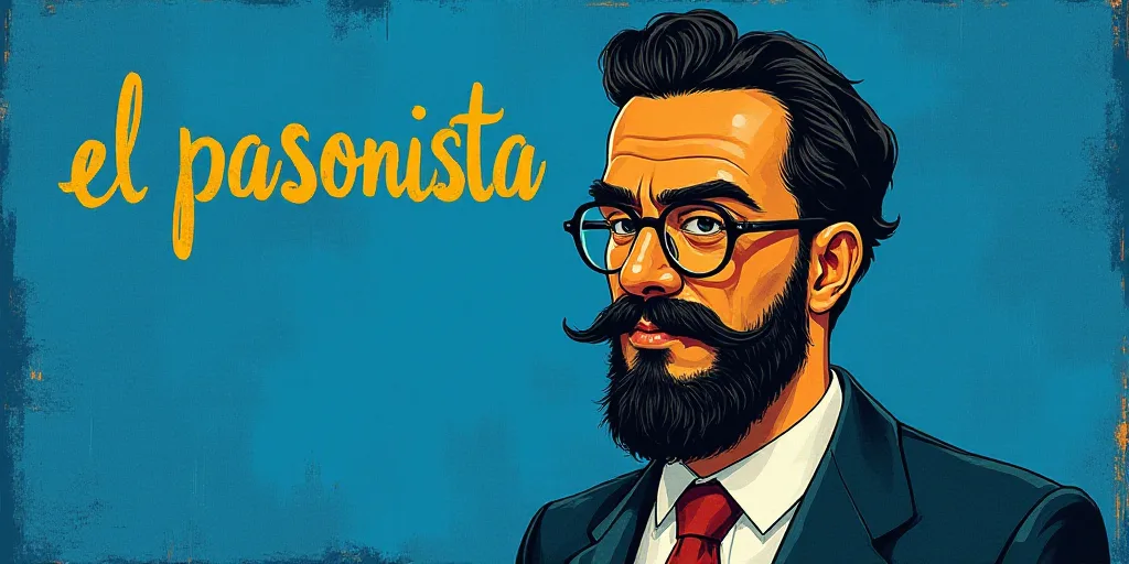 a man with a beard and glasses standing in front of a blue background with the words, el pasonista,