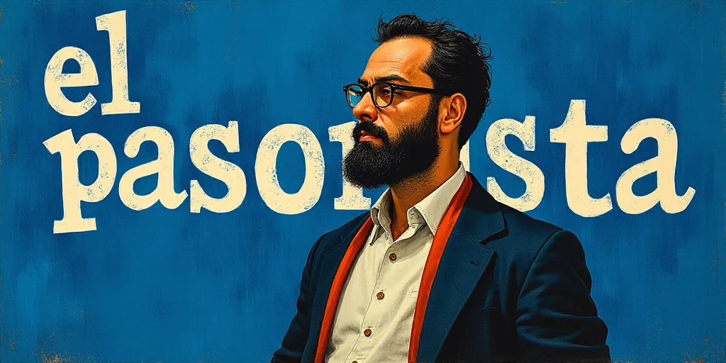 a man with a beard and glasses standing in front of a blue background with the words, el pasonista,
