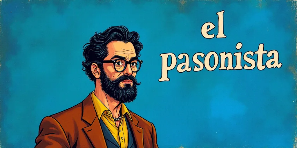 a man with a beard and glasses standing in front of a blue background with the words, el pasonista,