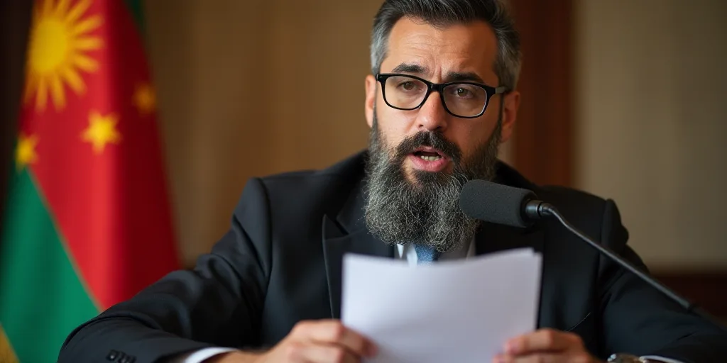 a man with a beard and glasses is speaking into a microphone with a paper in his hand and a flag beh