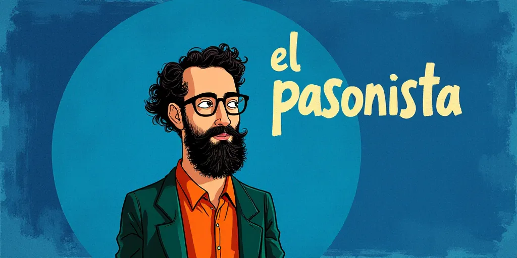 a man with a beard and glasses standing in front of a blue background with the words, el pasonista,