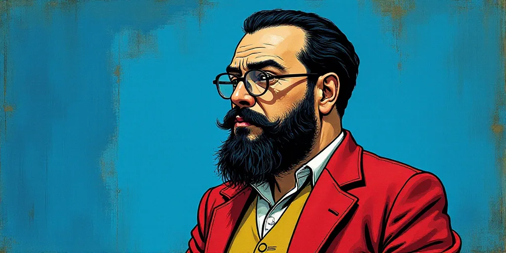 a man with a beard and glasses standing in front of a blue background with the words, el pasonista,