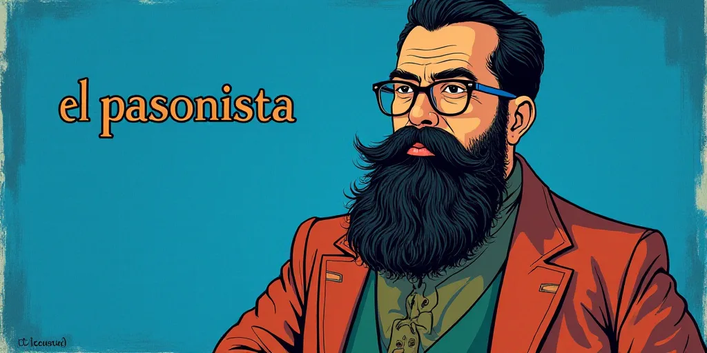 a man with a beard and glasses standing in front of a blue background with the words, el pasonista,
