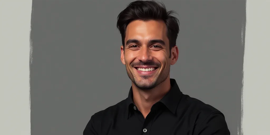 a man with a black shirt and a smile on his face and a gray background with a white border, Federico