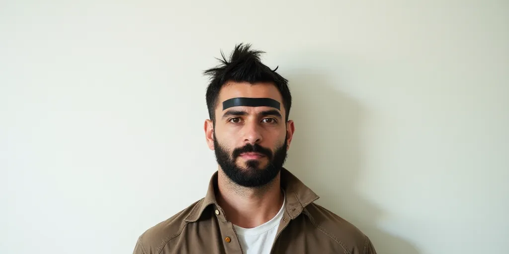 a man with a black strip on his forehead and a black tie on his head and a white wall behind him, Es