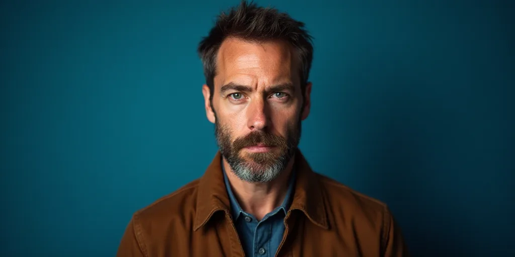 a man with a brown jacket and a blue background is looking at the camera with a serious look on his