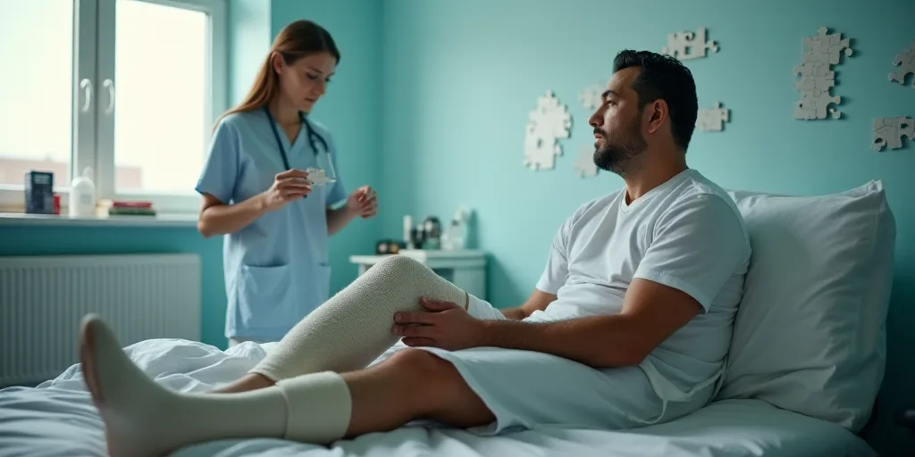 a man with a cast on his leg sitting on a bed with a bandage around his leg and a nurse in the backg
