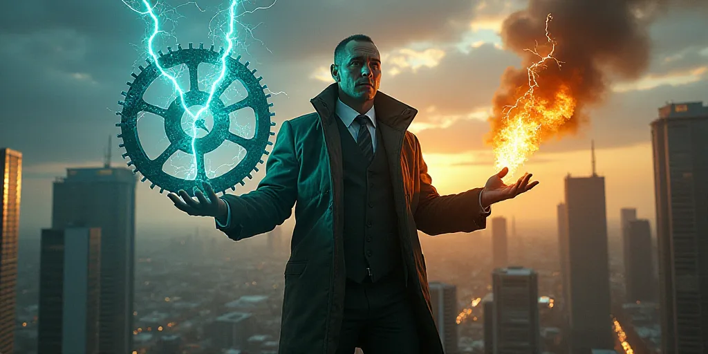 a man with a gear wheel in his hand and a lightning bolt in his hand in front of a city, David LaCha