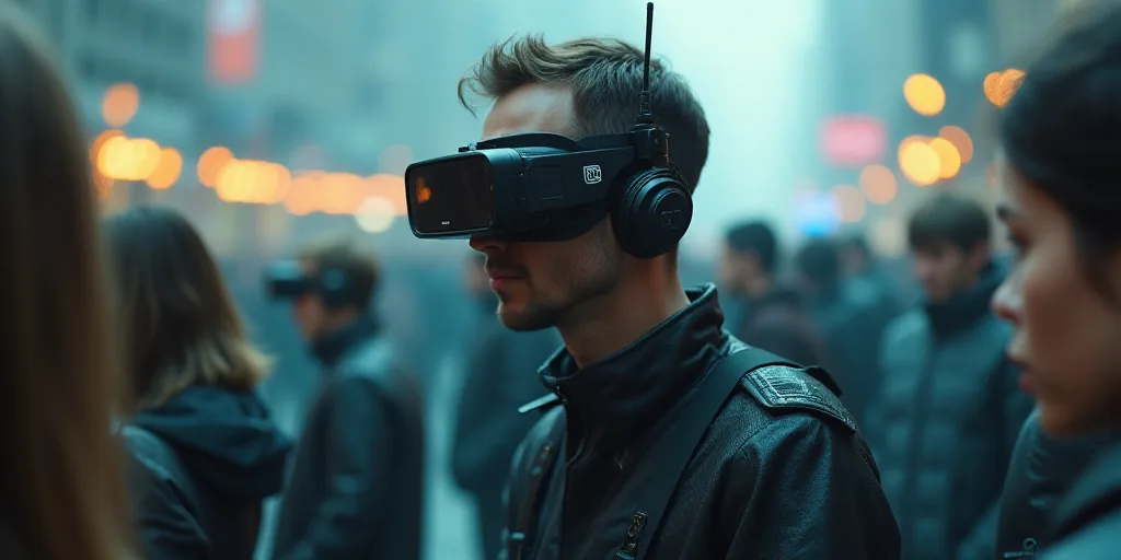 a man with a headset and a camera in front of him is surrounded by a group of people, Beeple, cybern