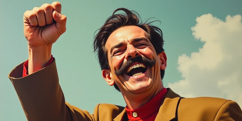 a man with a mustache and a mustache on his head is raising his fist up in the air and smiling, Carl