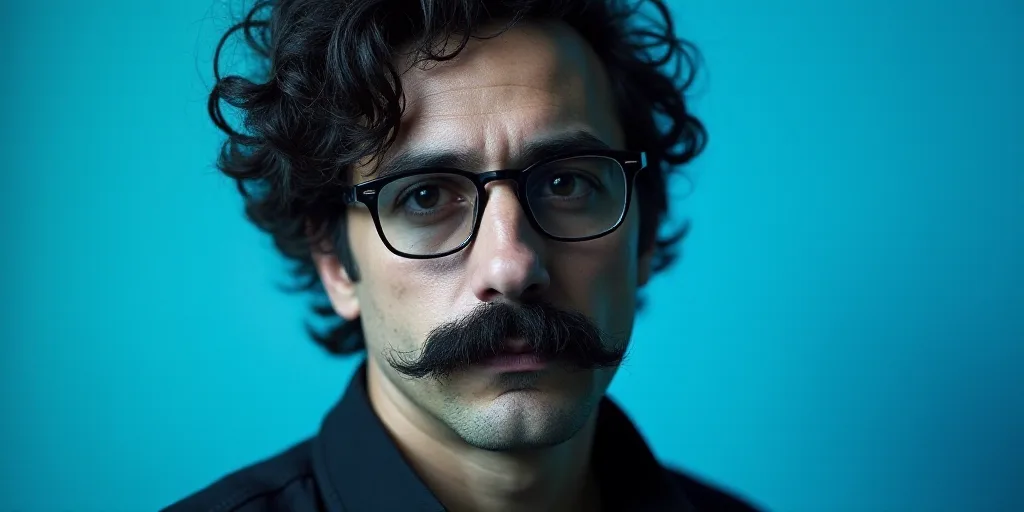 a man with a mustache and glasses is in front of a blue background with a black and white photo, Cá
