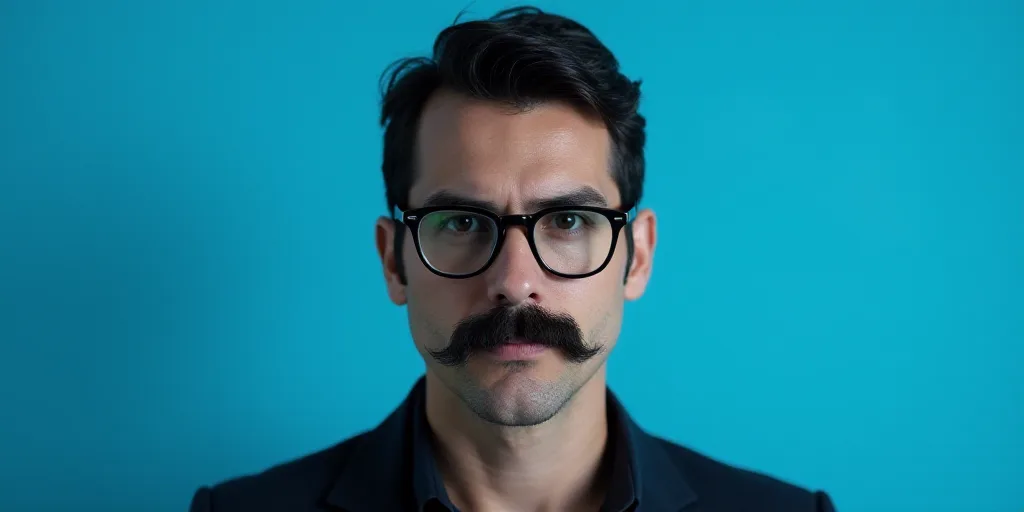 a man with a mustache and glasses is in front of a blue background with a black and white photo, Cá