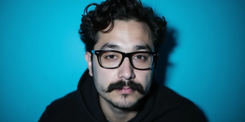 a man with a mustache and glasses is in front of a blue background with a black and white photo, Cá