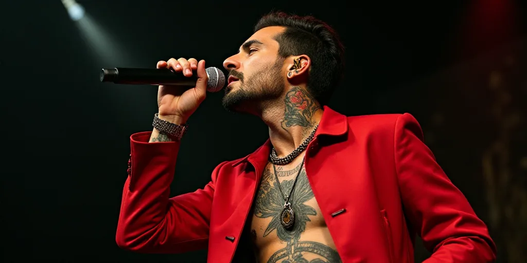a man with a red jacket and tattoos on his chest holding a microphone in his hand and singing into t