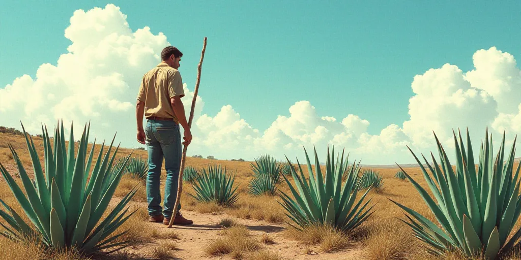 a man with a stick in a field of agaves with a sky background and clouds in the sky, Aquirax Uno, bl