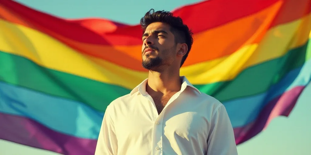 a man with a white shirt and a rainbow flag behind him and a rainbow flag behind him and a rainbow f
