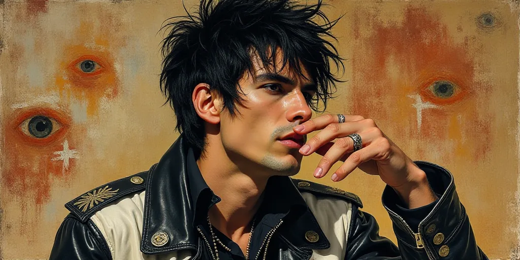 a man with black hair and a black shirt and a ring on his finger and a black and white jacket, Erlun