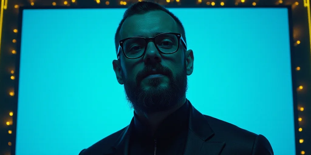 a man with glasses and a beard in front of a blue background with a black and yellow border and a bl