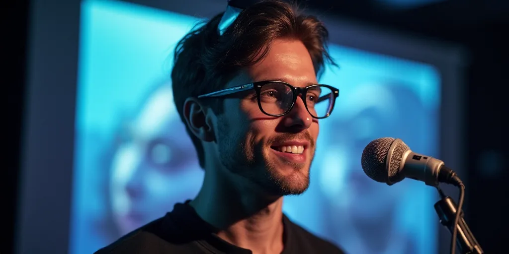 a man with glasses on his head and a microphone in the background with a screen behind him and a pro