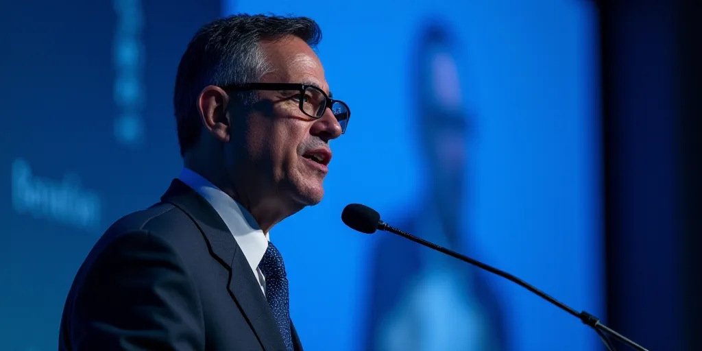 a man with glasses speaking into a microphone at a podium with a blue background and a blue backdrop