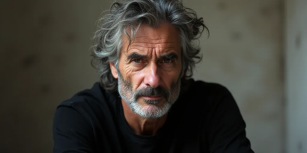 a man with grey hair and a black shirt is looking at the camera with a serious look on his face, Ant