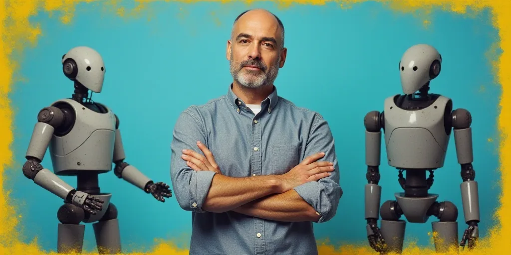 a man with his arms crossed in front of a blue background with a yellow border and a black and white