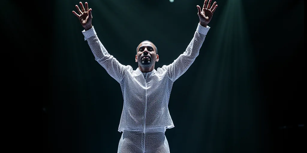 a man with his arms up in the air on stage with his hands raised in the air and his hands raised in