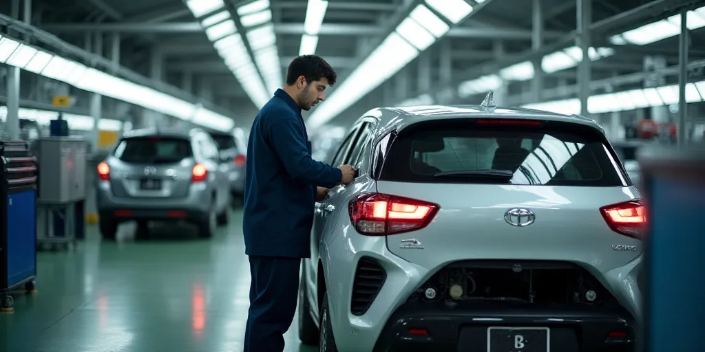 a man working on a car in a factory with other cars in the background and a man standing next to it,
