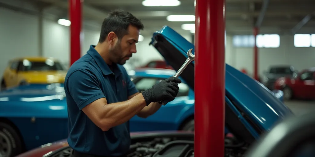 a man working on a car in a garage with other cars in the background and a red pole holding a wrench