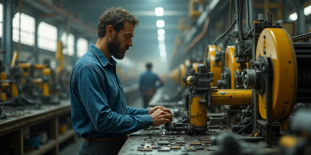 a man working on a machine in a factory with lots of machines in the background and a man in the for