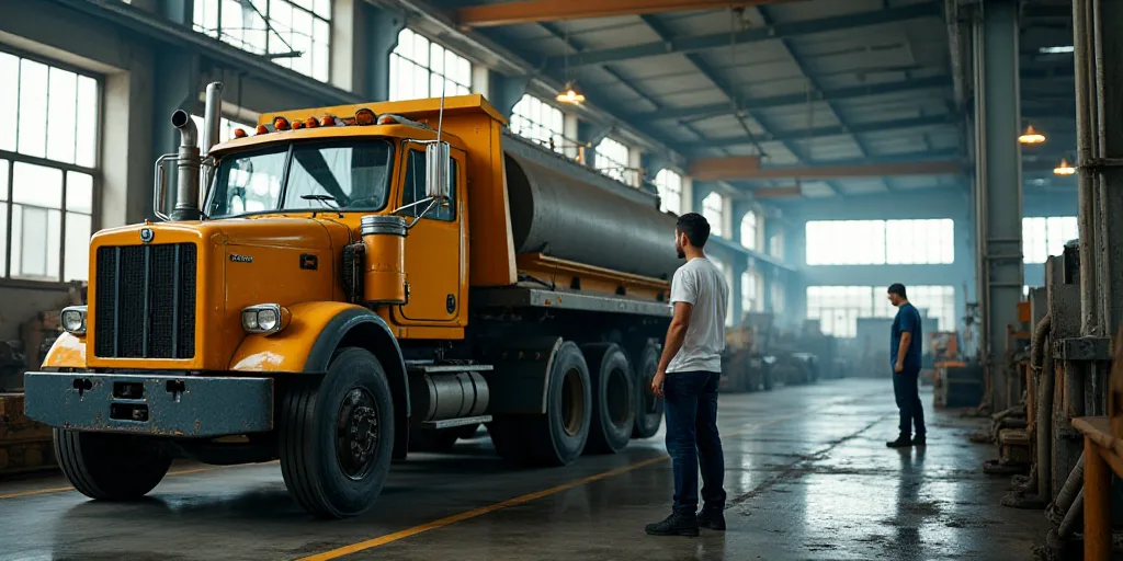 a man working on a truck in a factory with other workers nearby and a man in a white shirt, Dahlov I